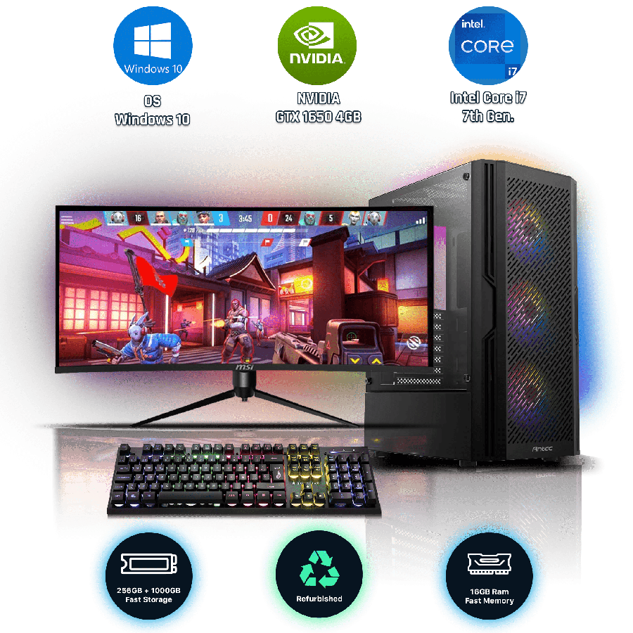 Refurbished Intel Core i7-7700K, 16GB RAM, 1TB HDD, 256GB SSD, GeForce GTX 1650 4GB, Gaming Pc