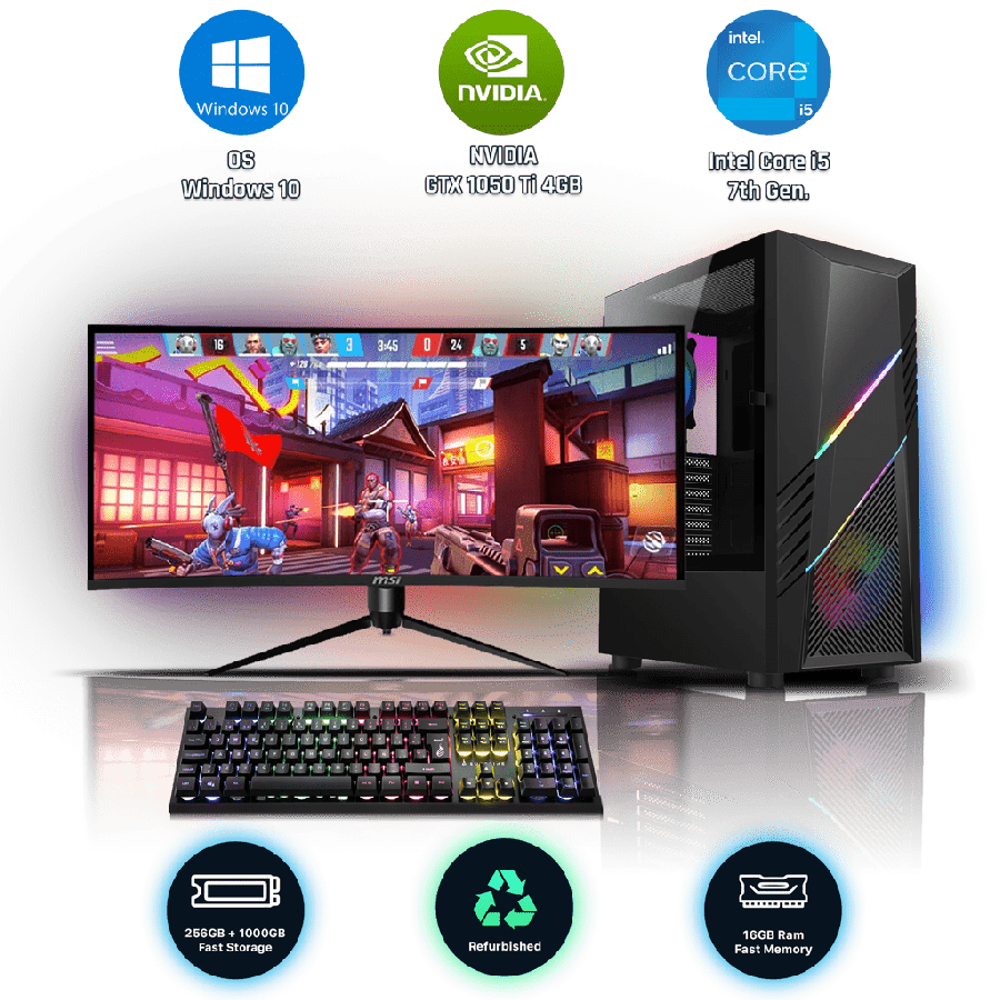 Refurbished Intel Core i5-7600K, 16GB RAM, 1TB HDD, 256GB SSD, GTX 1050 Ti 4GB, Gaming Pc