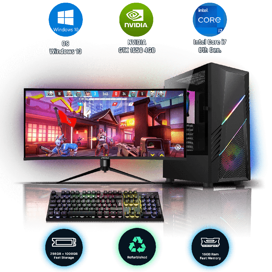 Refurbished Intel Core i7-8700K, 16GB RAM, 1TB HDD, 256GB SSD, GeForce GTX 1650 4GB, Gaming Pc