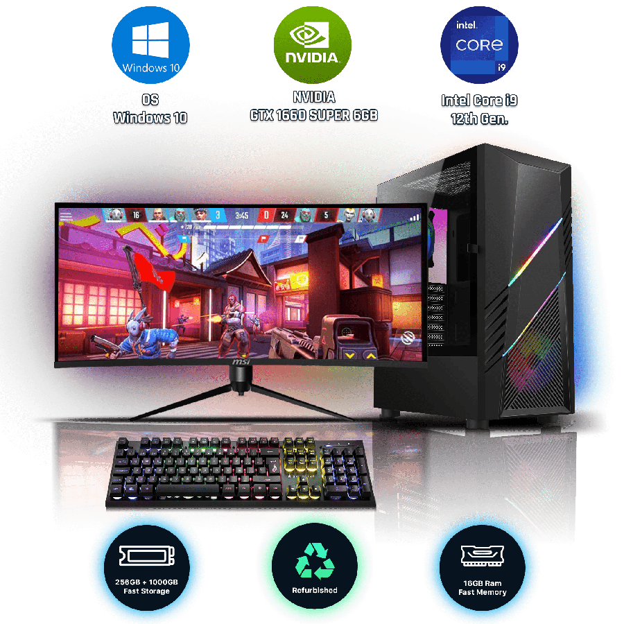 Refurbished Intel Core i9-12900K, 16GB RAM, 1TB HDD, 256GB SSD, GeForce GTX 1660 SUPER, Gaming Pc