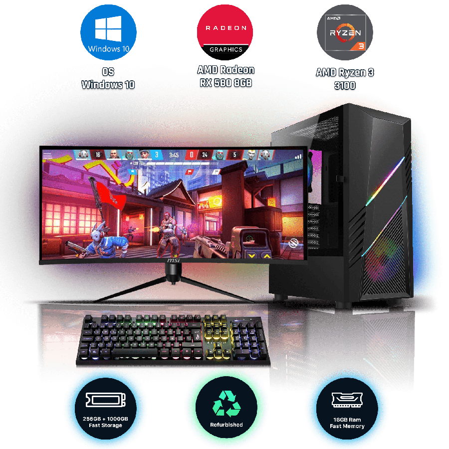 Refurbished AMD Ryzen 3 3100, 16GB RAM, 256GB SSD, 1TB HDD, AMD Radeon RX 580 8GB, Gaming PC