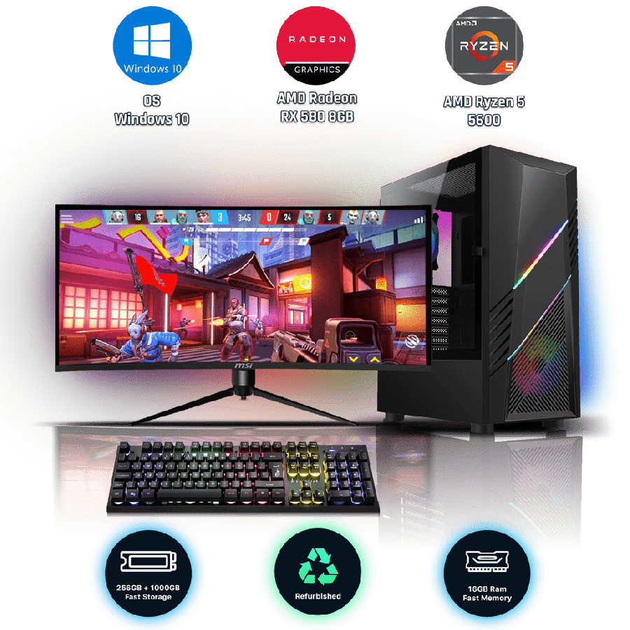 Refurbished AMD Ryzen 5 5600, 16GB RAM, 256GB SSD, 1TB HDD, AMD Radeon RX 580 8GB, Gaming PC