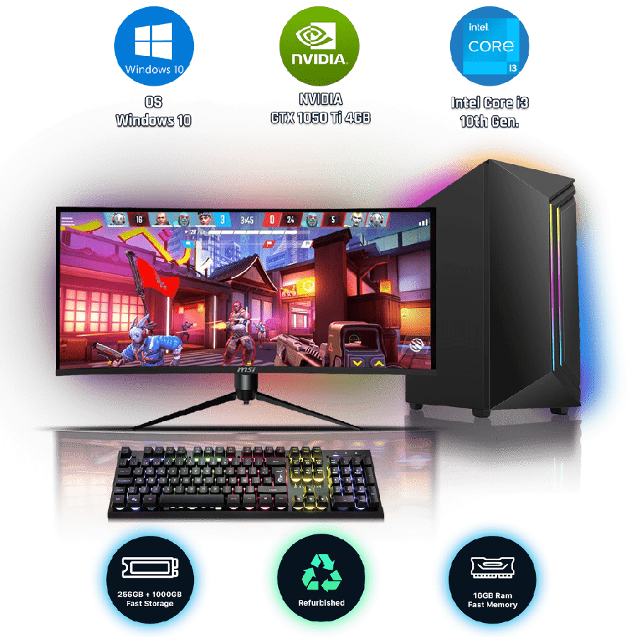 Refurbished Intel Core i3-10th Gen, 16GB RAM, 1TB HDD, 256GB SSD, GTX 1050 Ti 4GB, Gaming Pc