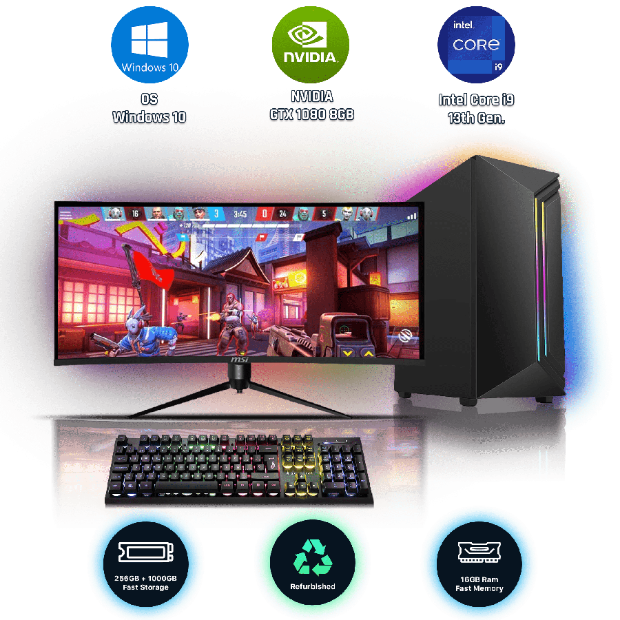 Refurbished Intel Core i9-13900K, 16GB RAM, 1TB HDD, 256GB SSD, NVIDIA GeForce GTX 1080 8GB, Gaming Pc