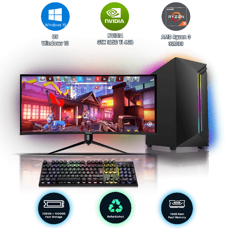 Refurbished AMD Ryzen 3 3200G, 16GB RAM, 256GB SSD, 1TB HDD, NVIDIA GeForce GTX 1050 Ti, Gaming PC