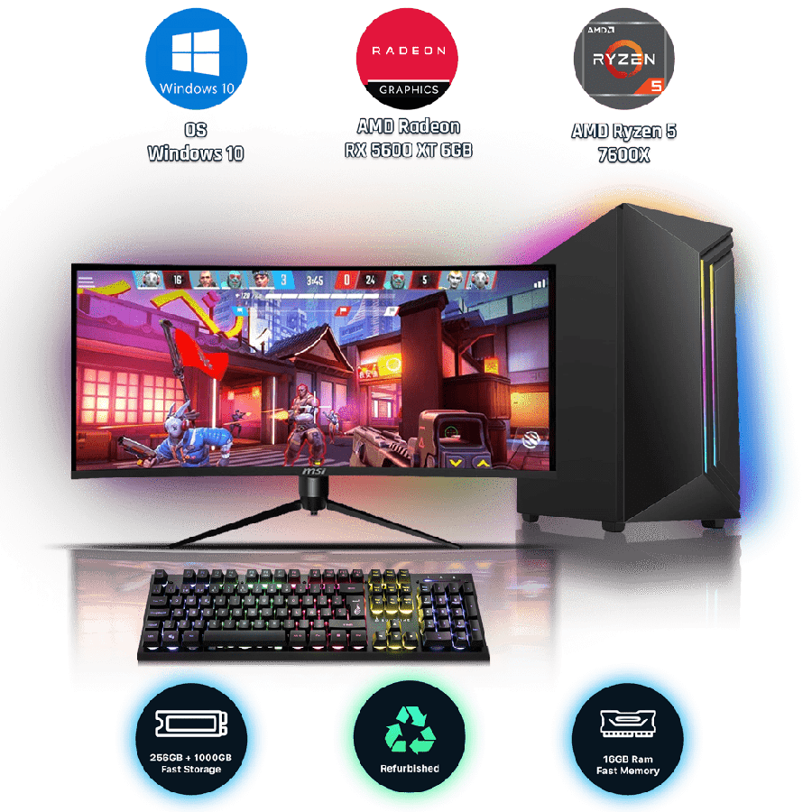 Refurbished AMD Ryzen 5 7600X, 16GB RAM, 256GB SSD, 1TB HDD, AMD Radeon RX 5600 XT 6GB, Gaming PC