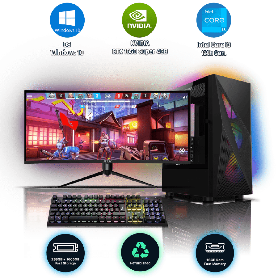 Refurbished Intel Core i3-12100, 16GB RAM, 1TB HDD, 256GB SSD, GTX 1650 SUPER 4GB, Gaming Pc