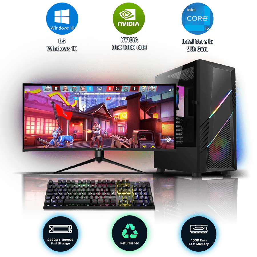 Refurbished Intel Core i5-9600K, 16GB RAM, 1TB HDD, 256GB SSD, GTX 1060 6GB, Gaming Pc