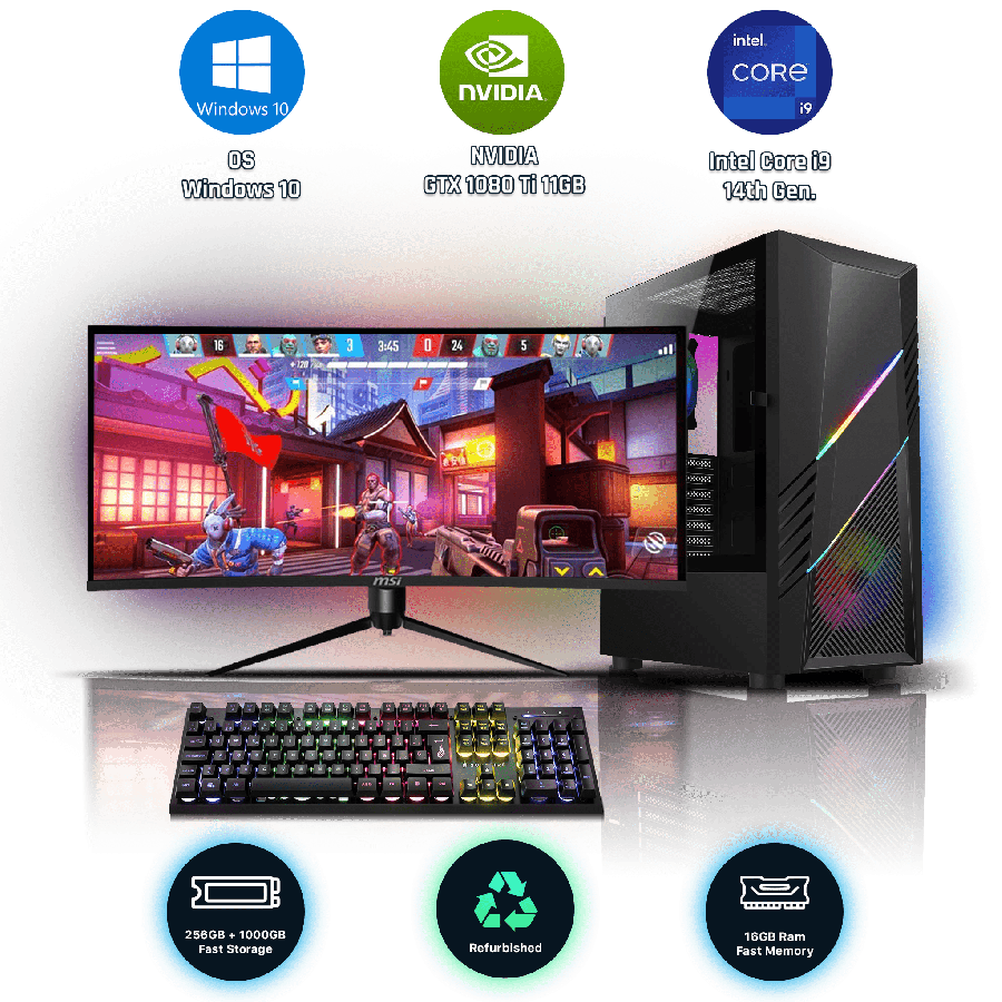 Refurbished Intel Core i9-14900K, 16GB RAM, 1TB HDD, 256GB SSD, NVIDIA GeForce GTX 1080 Ti 11GB, Gaming Pc