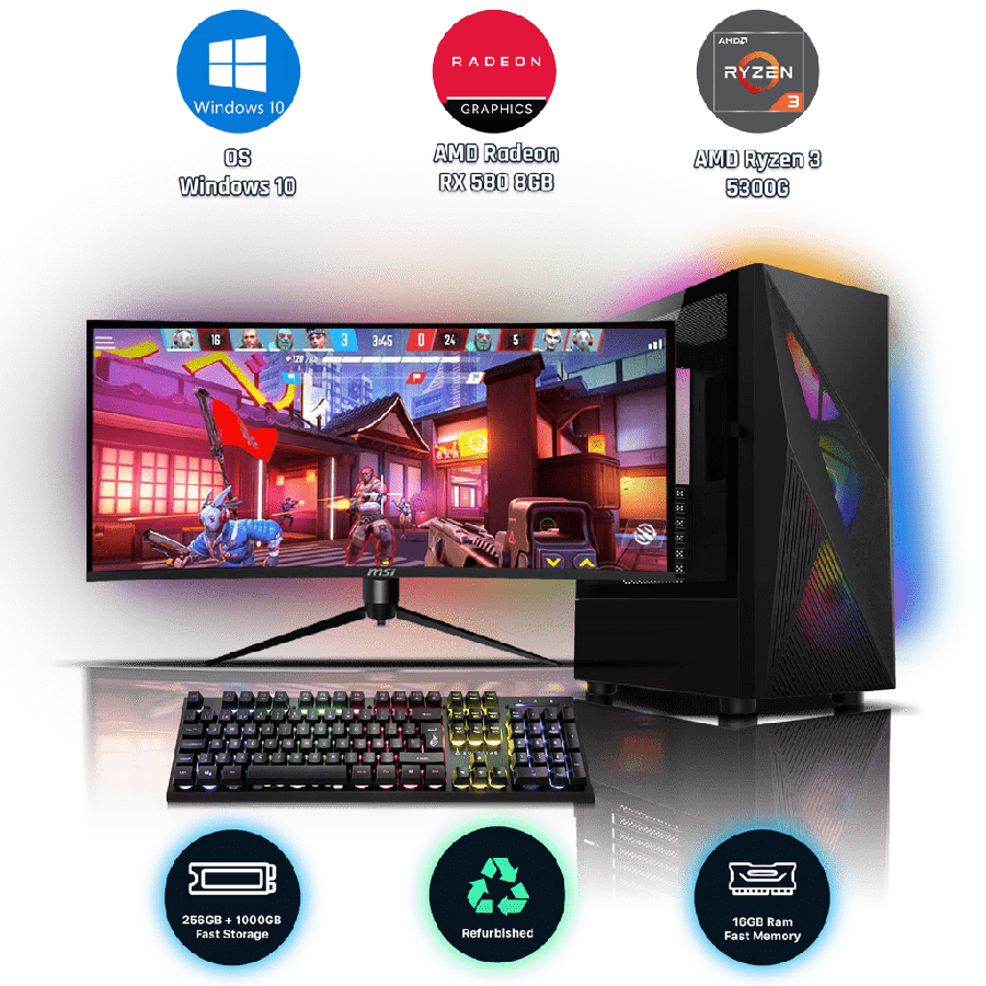 Refurbished AMD Ryzen 3 5300G, 16GB RAM, 256GB SSD, 1TB HDD, AMD Radeon RX 580 8GB, Gaming PC