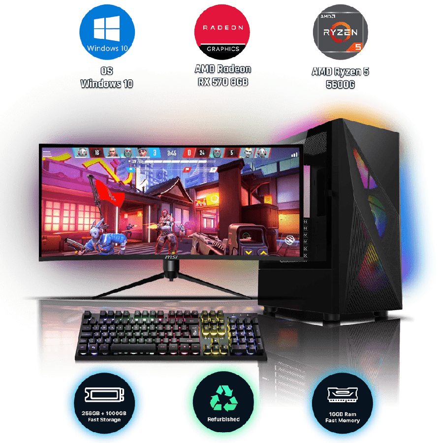 Refurbished AMD Ryzen 5 5600G, 16GB RAM, 256GB SSD, 1TB HDD, AMD Radeon RX 570 8GB, Gaming PC