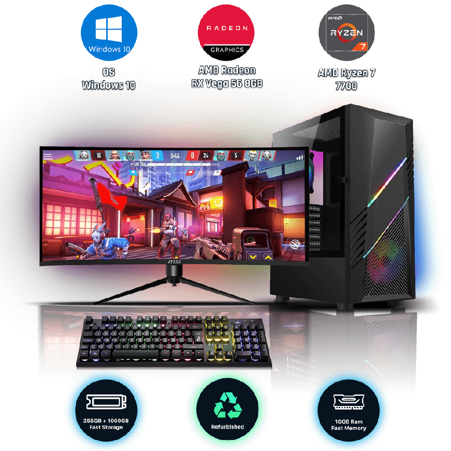 Refurbished AMD Ryzen 7 7700, 16GB RAM, 256GB SSD, 1TB HDD, AMD Radeon RX Vega 56 8GB, Gaming PC