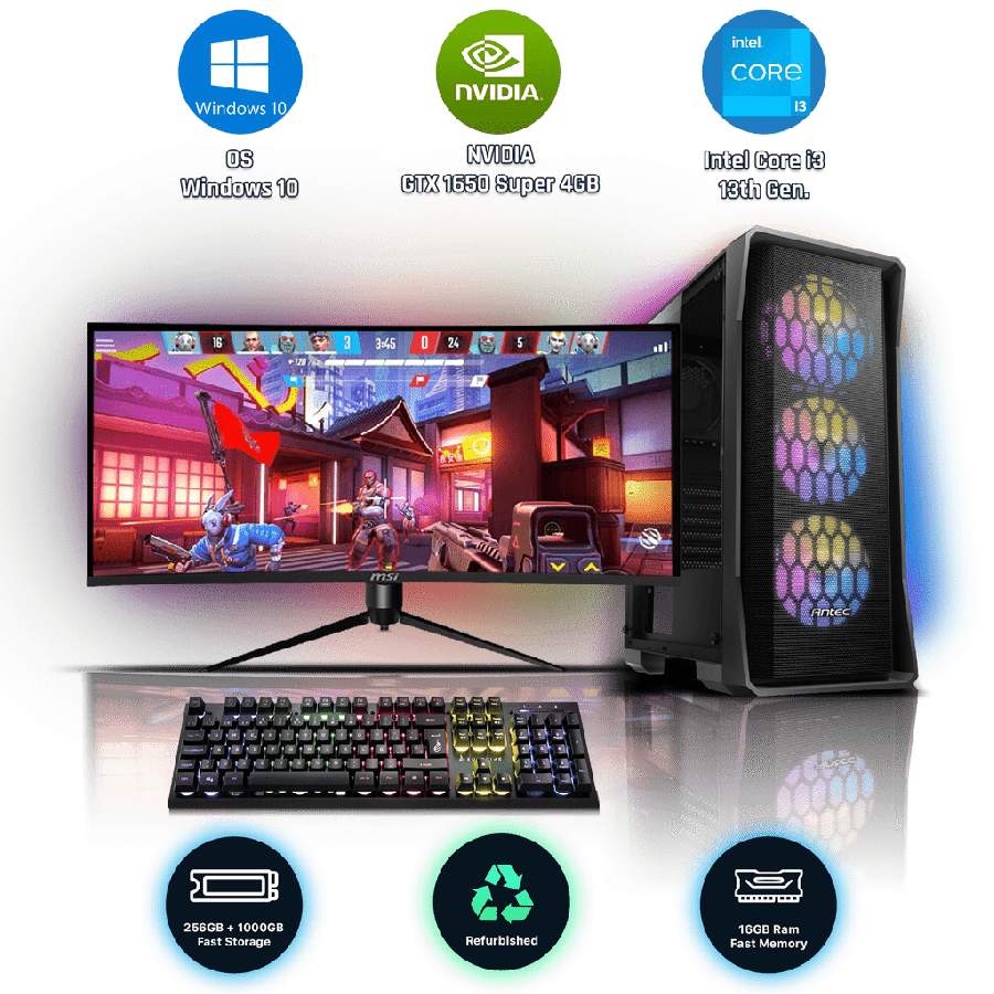 Refurbished Intel Core i3-13100, 16GB RAM, 1TB HDD, 256GB SSD, GTX 1650 SUPER 4GB, Gaming Pc