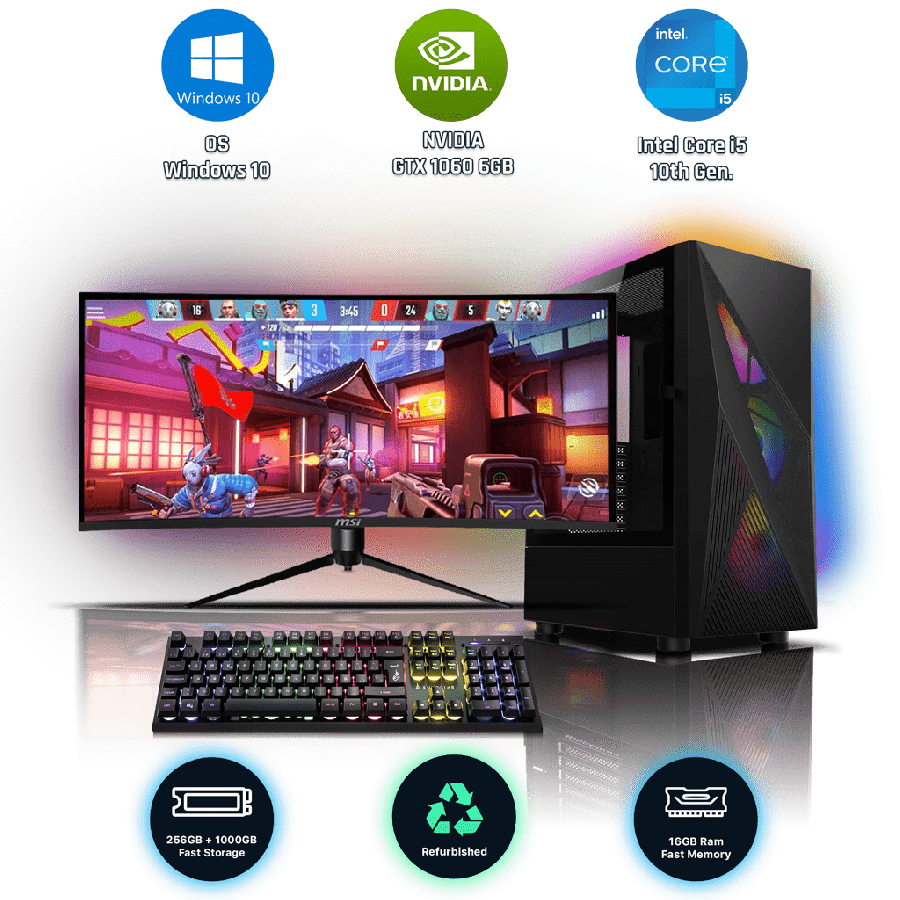 Refurbished Intel Core i5-10600K, 16GB RAM, 1TB HDD, 256GB SSD, GTX 1060 6GB, Gaming Pc