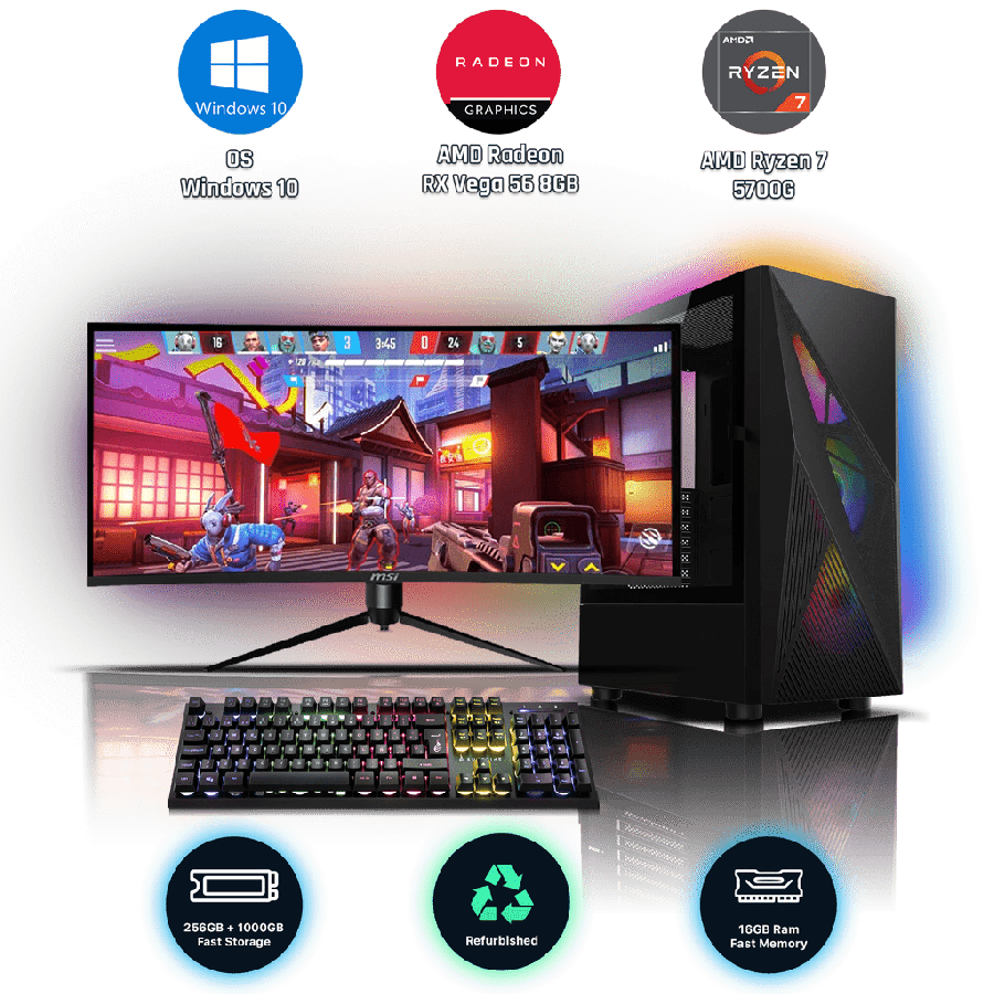 Refurbished AMD Ryzen 7 5700G, 16GB RAM, 256GB SSD, 1TB HDD, AMD Radeon RX Vega 56 8GB, Gaming PC