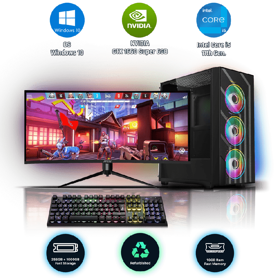 Refurbished Intel Core i5-11600K, 16GB RAM, 1TB HDD, 256GB SSD, GTX 1660 SUPER 6GB, Gaming Pc